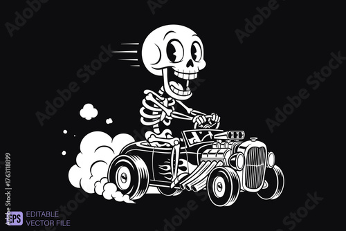 Cartoon Skeleton Driving Hot Rod Car Vector Illustration.