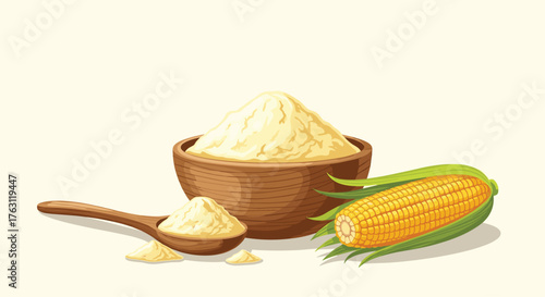 Illustration of corn flour in a wooden bowl with a wooden spoon and an ear of corn on a plain background
