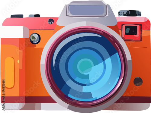 Vibrant Retro Camera Illustration with Large Blue Lens in Orange and Red Tones - Generated by AI