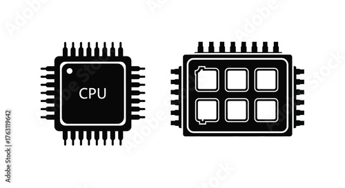 Two black microchips displaying processing unit components and integrated circuits