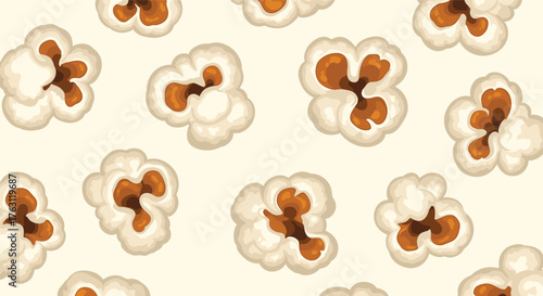 A seamless pattern of popcorn kernels scattered on a light beige background in a stylized manner