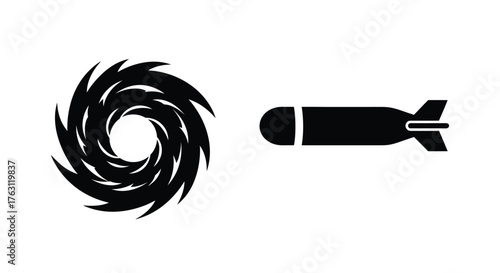 Black spiral and bomb icon design a minimalistic and stark illustration