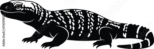 Detailed black and white sketch of a gila monster reptile showing its distinctive patterned skin flat design vector illustration isolated on transparent background