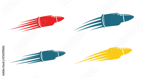 Four colorful bullets with motion trails flying swiftly through white space