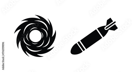 Black and white illustration depicting a vortex and a falling bomb