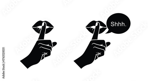 Two sets of hands gesturing silence with a shushing speech bubble