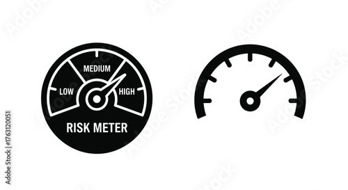 Simple black and white gauge icons illustrating risk levels and measurement