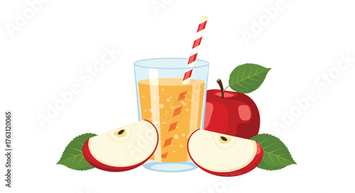 A glass of apple juice with a straw and two apple slices and a whole apple with leaves