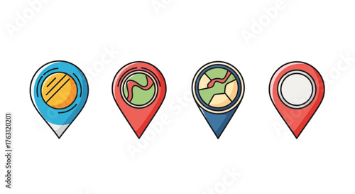 Colorful map marker icons in a row representing location points