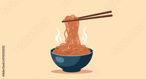 Illustration of noodles in a blue bowl with chopsticks and steam on a light beige background