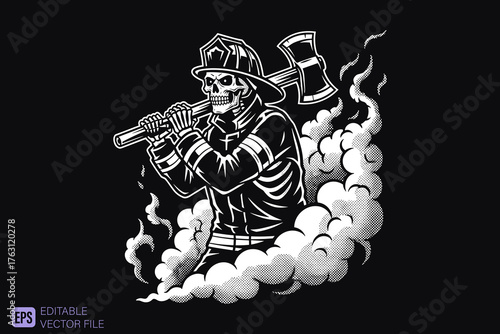 Skull Firefighter with Axe in Smoke Black and White Illustration
