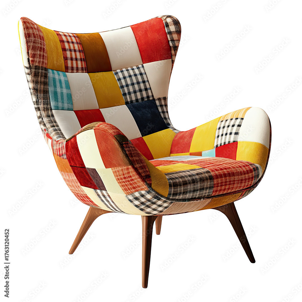Obraz premium Comfortable wingback armchair with a vibrant patchwork upholstery and wooden legs isolated on transparent background