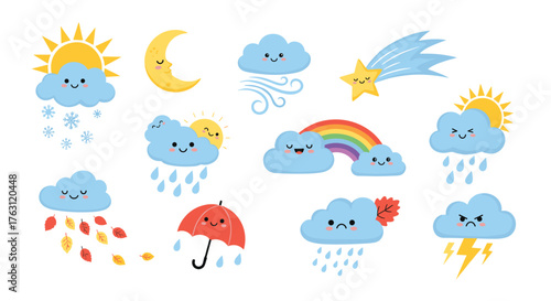 Cartoon weather icons featuring clouds, sun, moon, rain, rainbow, wind, star, and umbrella on white