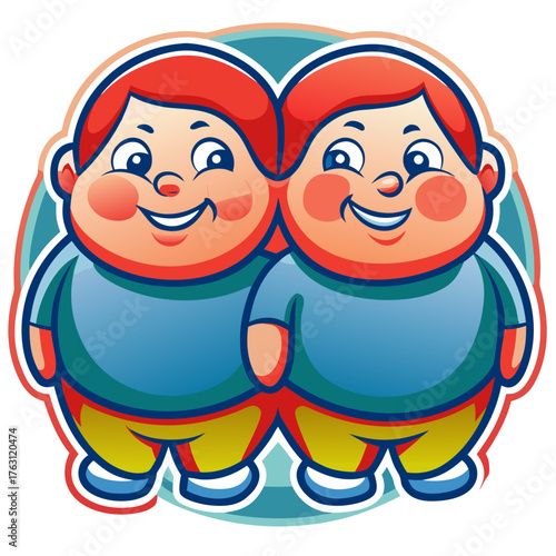 Sticker of cheerful twin characters with bright smiles and rounded features against a colorful background