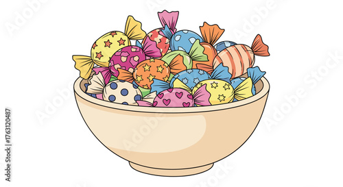 A bowl filled with colorful wrapped candies with various patterns on a white background image