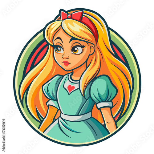 Charming character sticker of Alice in a blue dress with a heart symbol against a colorful background