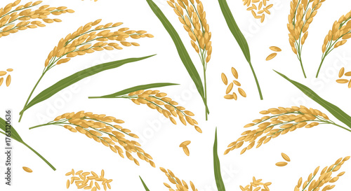 A seamless pattern featuring golden rice stalks and scattered grains on a white background surface