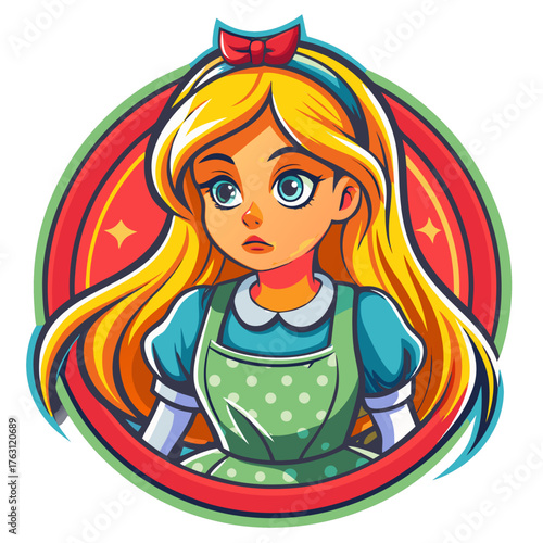 Cartoon sticker of character Alice with a thoughtful expression against a colorful circular background