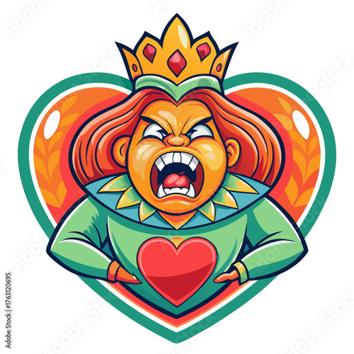 Sticker of furious queen character with a crown and a heart symbol on a vibrant heart-shaped background