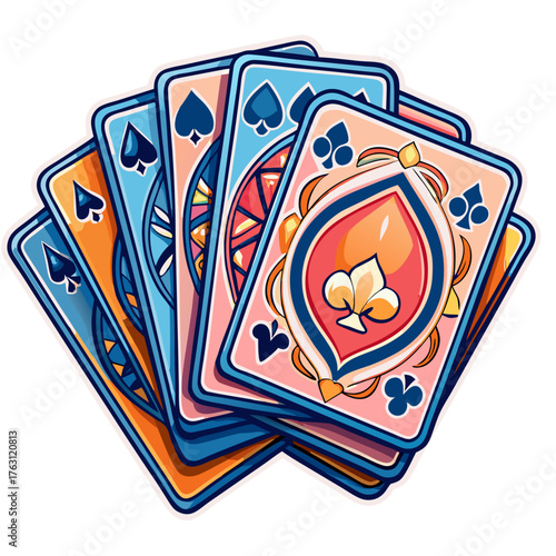 Colorful sticker of playing cards with decorative designs on white background