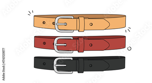 Illustration of three stylish belts in tan red and black with silver buckles on white background