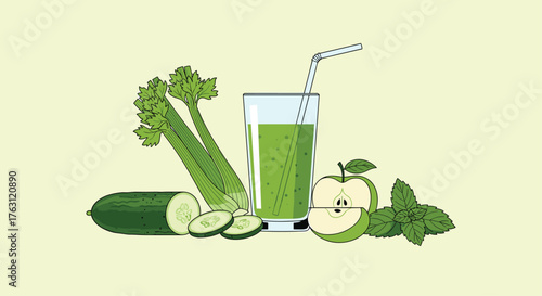 Illustration of green smoothie with celery cucumber apple and mint on a light background