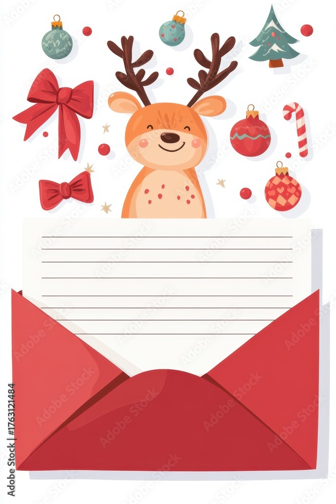 Fototapeta premium Cute Christmas letter design with smiling reindeer red envelope festive bows and ornaments on white
