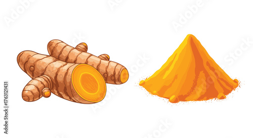 Illustration of turmeric roots and turmeric powder on a white background in vibrant colors