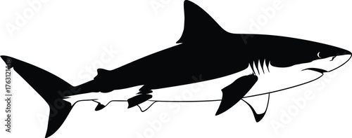 Powerful black silhouette of a shark swimming gracefully underwater ocean predator flat design vector illustration isolated on transparent background