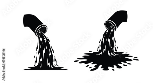 Black and white illustration of two pipes releasing flowing liquid