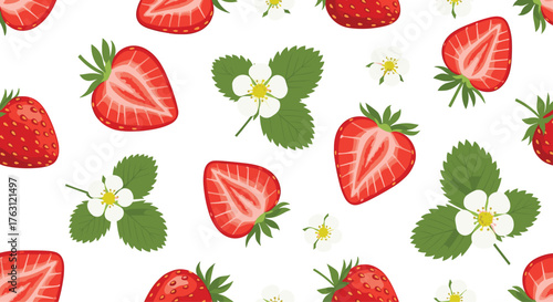 Seamless pattern of strawberries with flowers and leaves on a white background illustration vector