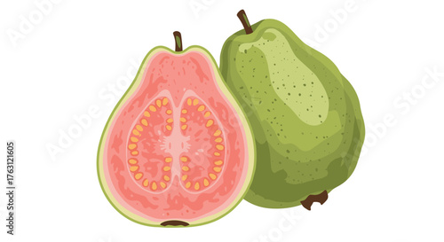 Illustration of a sliced guava with pink flesh and a whole green guava on a white background