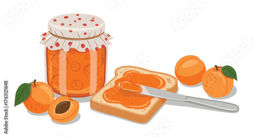 Illustration of apricot jam in a jar with toast and fresh apricots on a white background
