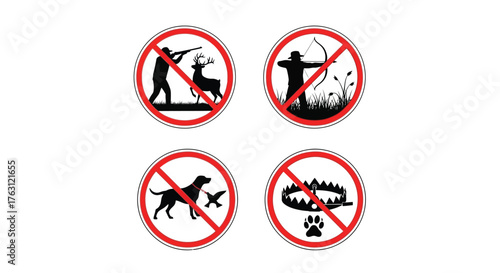 Prohibited activities signs depicting hunting trapping and dog walking