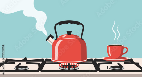 Red kettle steaming on a gas stove next to a red cup with steam against a light blue background