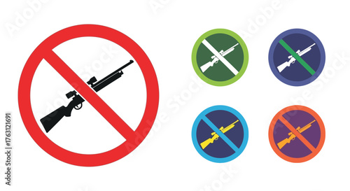 Prohibition signs depicting various firearms are clearly displayed in the image