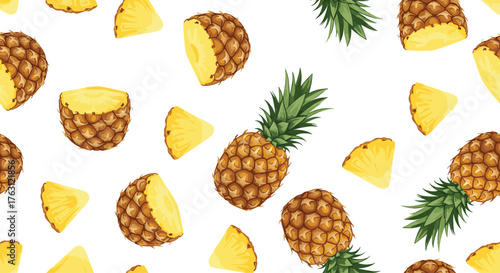 A repeating pattern of whole and sliced pineapples on a white background with green leaves visible
