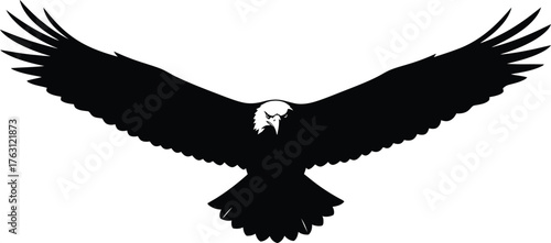 Majestic black silhouette of an eagle in flight with wings spread wide flat design vector illustration isolated on transparent background
