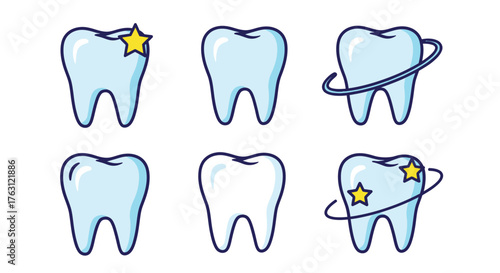 Cartoon teeth with stars and planetary rings dental health illustration