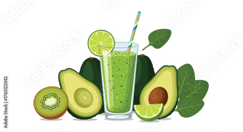 A green smoothie in a glass with a straw surrounded by avocados kiwi lime and spinach leaves