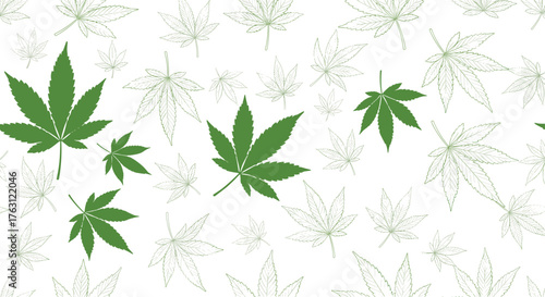 A pattern of green and outlined cannabis leaves scattered on a white background in a repeating design