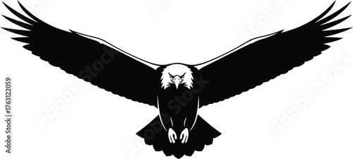 Majestic black eagle soaring with wings spread wide in powerful flight silhouette flat design vector illustration isolated on transparent background