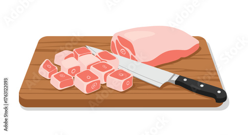 Raw meat being cut into cubes on a wooden cutting board with a silver knife on a white background