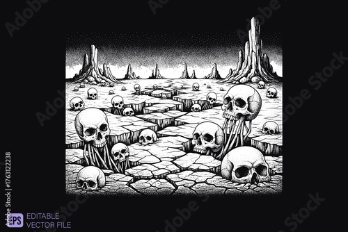 Skulls and Bones on a Cracked Earth Landscape.