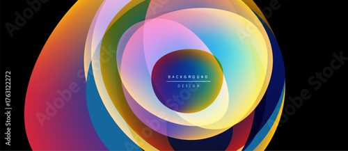 Abstract colorful layers create dynamic circular design. Gradient hues blend, forming vibrant visual experience. Modern aesthetic.