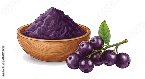 Illustration of a wooden bowl filled with purple powder and a cluster of acai berries