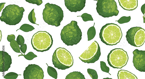A seamless pattern of green bergamot fruits and leaves on a white background illustration style