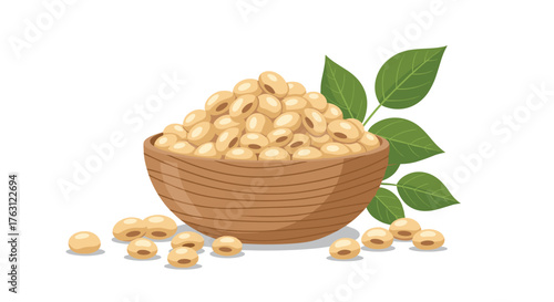 A wooden bowl filled with soybeans and green leaves on a white background illustration style