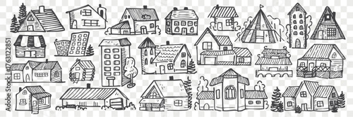 Hand drawn houses and buildings sketch