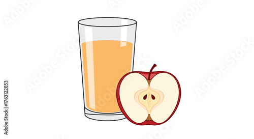 A glass of apple juice and a half of a red apple on a white background in a simple illustration